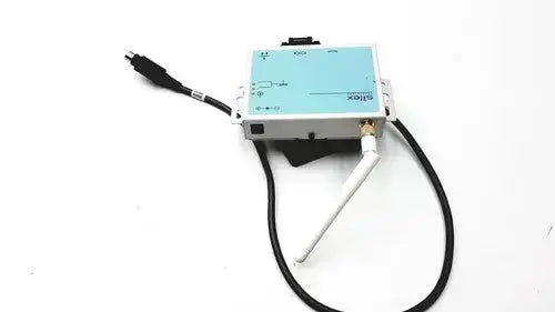 Silver and light blue industrial-grade wireless network adapter with white antenna and labeled ports back side of silex technology sx-500 device server for authorized purchaser