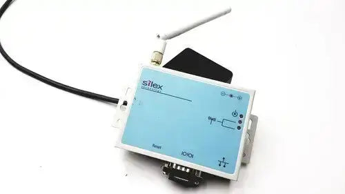 Light blue silex technology sx-500 industrial iot gateway with white antenna and black cable for authorized purchaser use