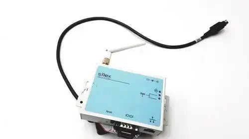 Light blue and silver silex technology sx-500 industrial communication device with black cable and antenna for authorized purchaser