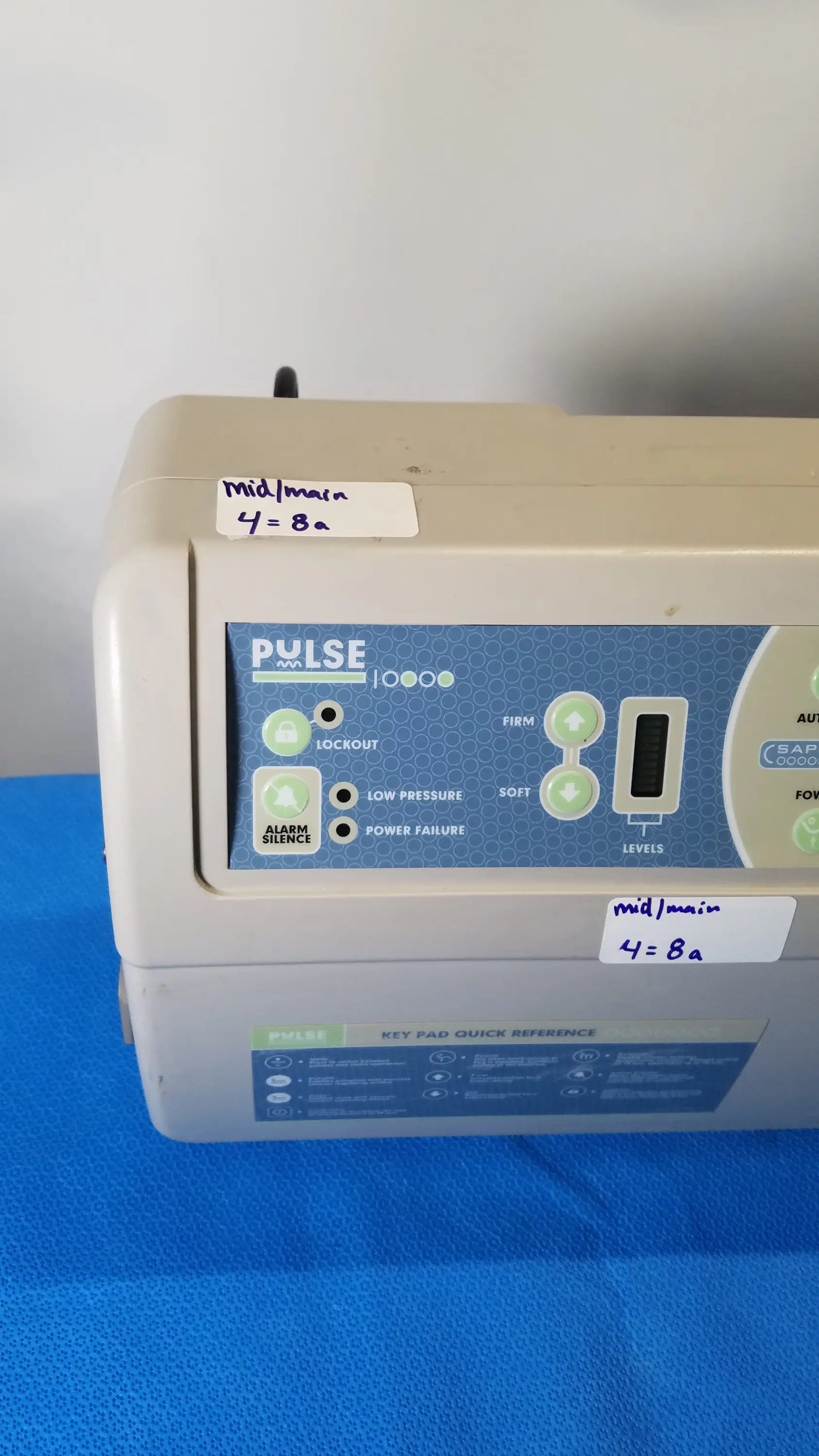 Beige sizewise sapphire low air loss mattress pump with blue pulse 200 control panel and green indicator lights for pre owned medical equipment sale