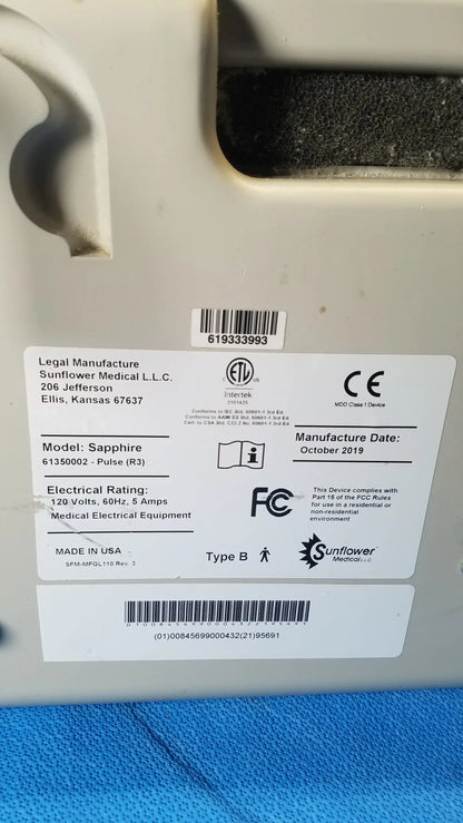 White plastic Sizewise Sapphire low air loss mattress pump labeled sunflower medical LLC model sapphire 6135002 used medical equipment for sale