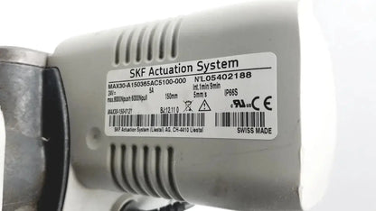 Gray metallic skf actuation system max30-a150365ac5100-000 linear actuator motor with technical specs and swiss made label for hospital surplus