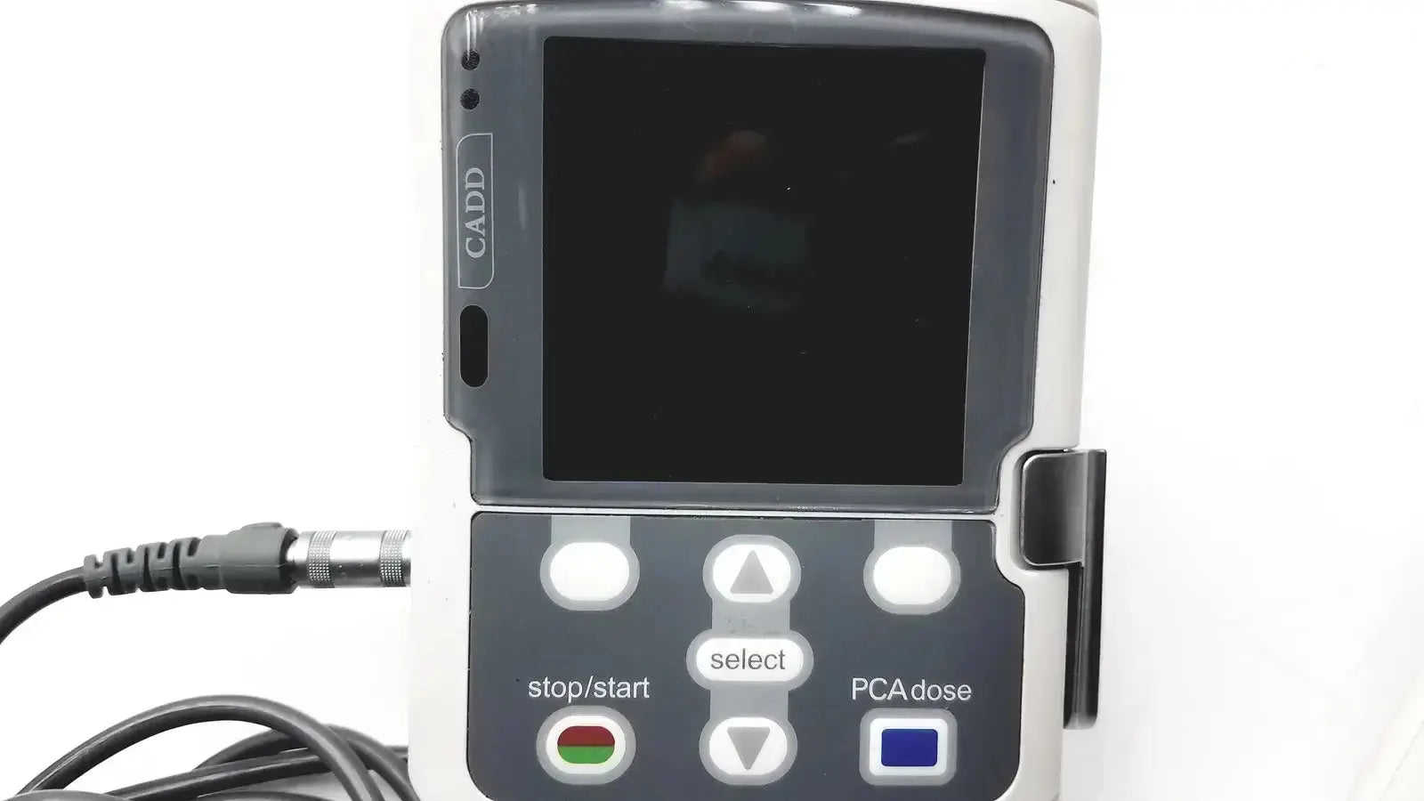 Gray and white smiths medical cadd-solis 2110 pca pump with black screen circular buttons and attached cable for infusion
