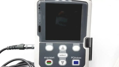 Gray and white smiths medical cadd-solis 2110 pca pump with black screen circular buttons and attached cable for infusion