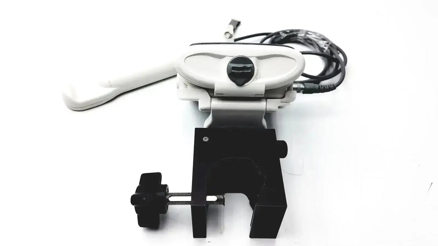 White and black electric massage chair armrest with curved handle adjustable clamp base and coiled power cord for smiths medical cadd-solis