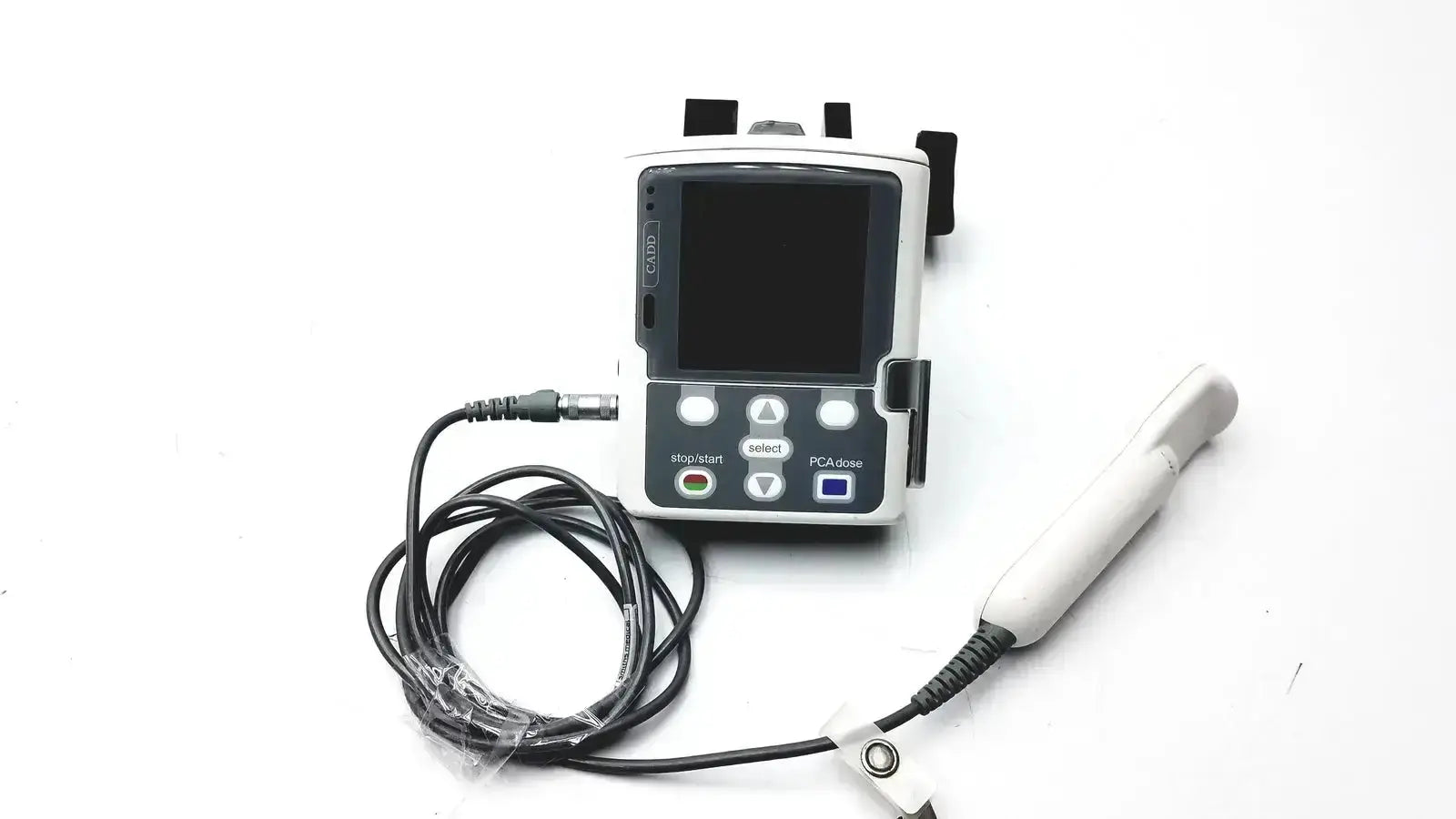 White and black smiths medical cadd-solis 2110 infusion pump with touchscreen control buttons and polemount adapter