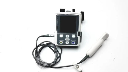 White and black smiths medical cadd-solis 2110 infusion pump with touchscreen control buttons and polemount adapter