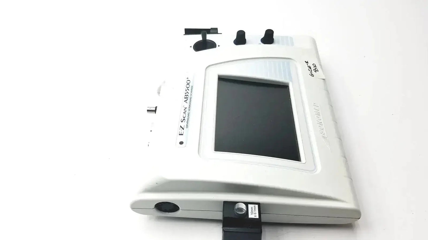 White plastic handheld sonomed ab-5500+ ez scan ophthalmic ultrasound device with rectangular screen and black control knobs