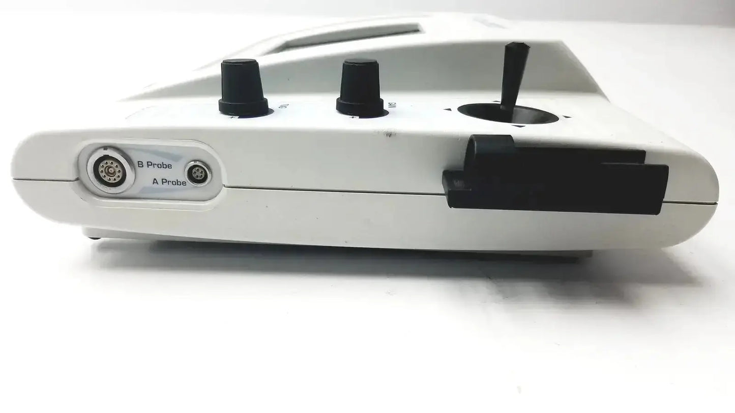 White sonomed ab-5500+ ez scan ophthalmic ultrasound device back view with black knobs handle and labeled probe ports