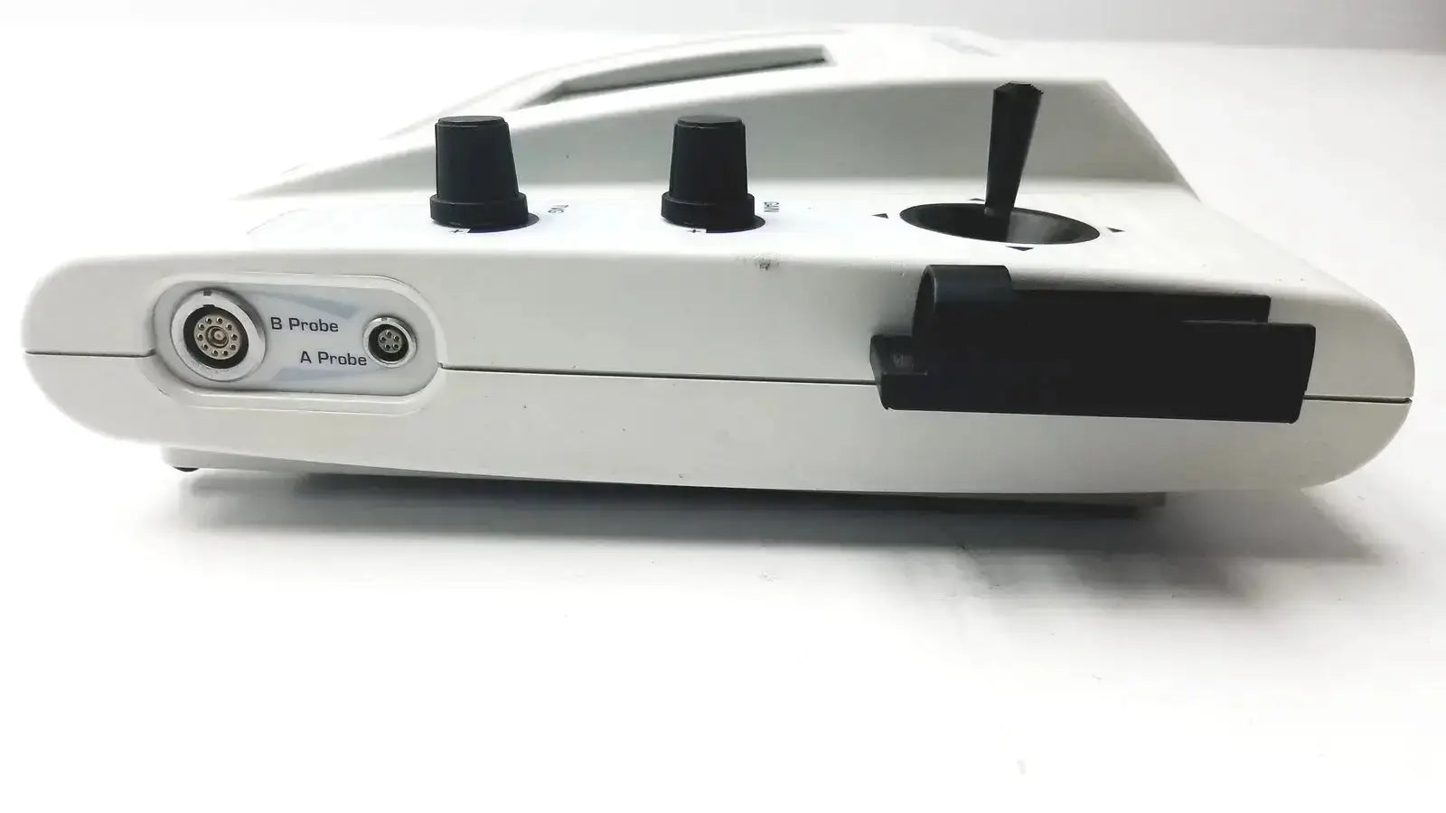 White sonomed ab-5500+ ez scan ophthalmic ultrasound device back view with black knobs handle and labeled probe ports