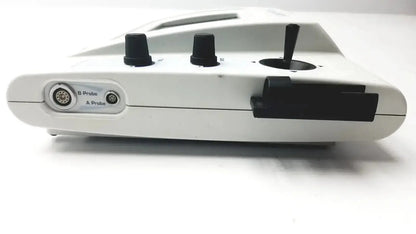 White sonomed ab-5500+ ez scan ophthalmic ultrasound device back view with black knobs handle and labeled probe ports