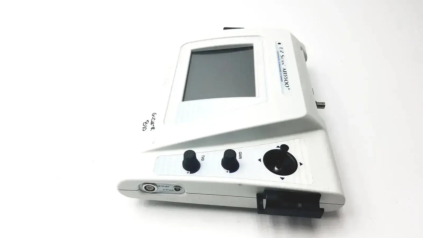 White ophthalmic ultrasound device ab-5500+ ez scan with rectangular screen, two black knobs, and directional dial on front panel