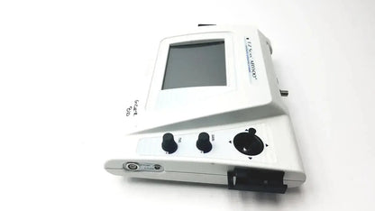 White ophthalmic ultrasound device ab-5500+ ez scan with rectangular screen, two black knobs, and directional dial on front panel