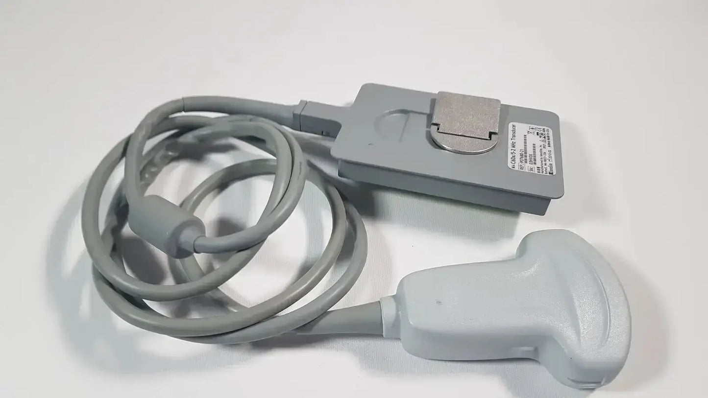 Gray sonosite c60x 5-2 mhz ultrasound transducer probe p07680-21 with coiled cable and rectangular connector housing