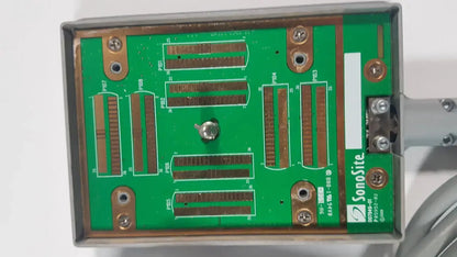 Green sonosite c60x circuit board with gold connector slots and screws on back side of mhz ultrasound transducer p07680-21