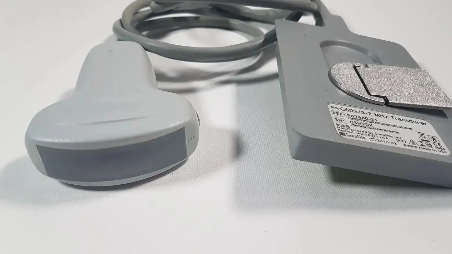 Gray sonosite c60x 5-2 mhz ultrasound transducer probe p07680-21 with ergonomic design and coiled gray cable