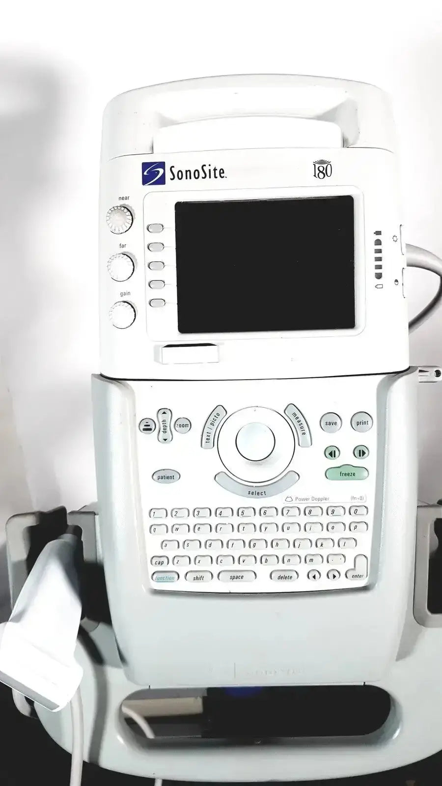 White sonosite i80 ultrasound machine with touchscreen and keypad featuring sonosite l38 mhz linear transducer on rolling stand