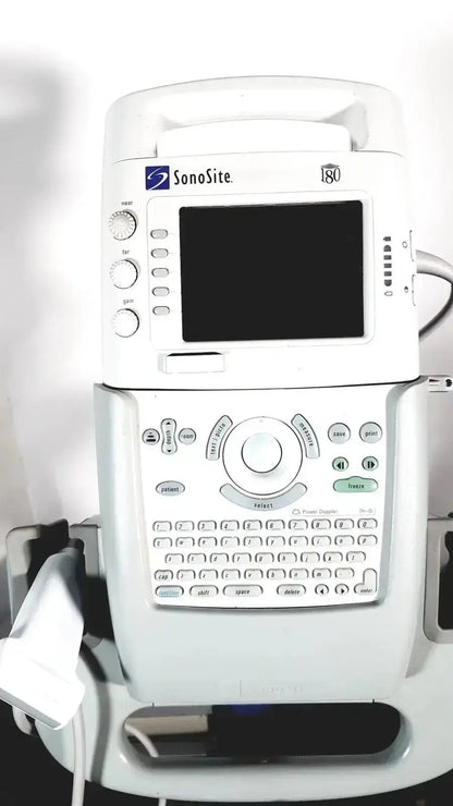 White sonosite i80 ultrasound machine with touchscreen and keypad featuring sonosite l38 mhz linear transducer on rolling stand
