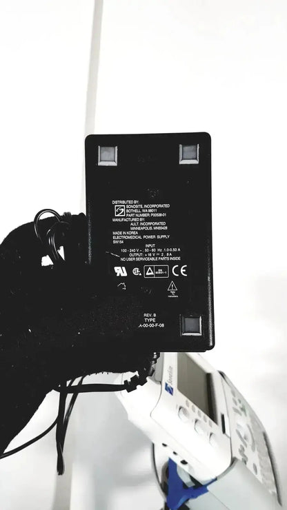Black rectangular power adapter with silver terminals and white specs for sonosite l38 10-5 mhz linear transducer with stand