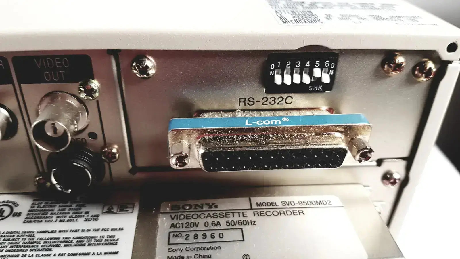 Blue l-com rs-232c serial port connector on the back of sony svo-9500md medical svhs vhs videocassette recorder