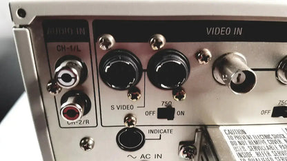 Back side of silver metal sony svo-9500md medical svhs vhs input panel with black rca jacks bnc connectors and 75ω switch