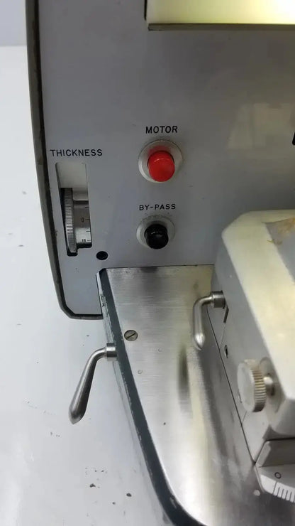 Gray sorvall porter blum ultra-microtome model mt-2 with red and black motor and by-pass knobs and metallic thickness dial