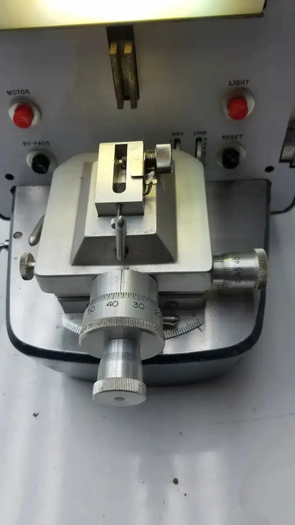 Silver metallic sorvall porter blum ultra-microtome model mt-2 with adjustable dial and calibrated scale for precision measurement