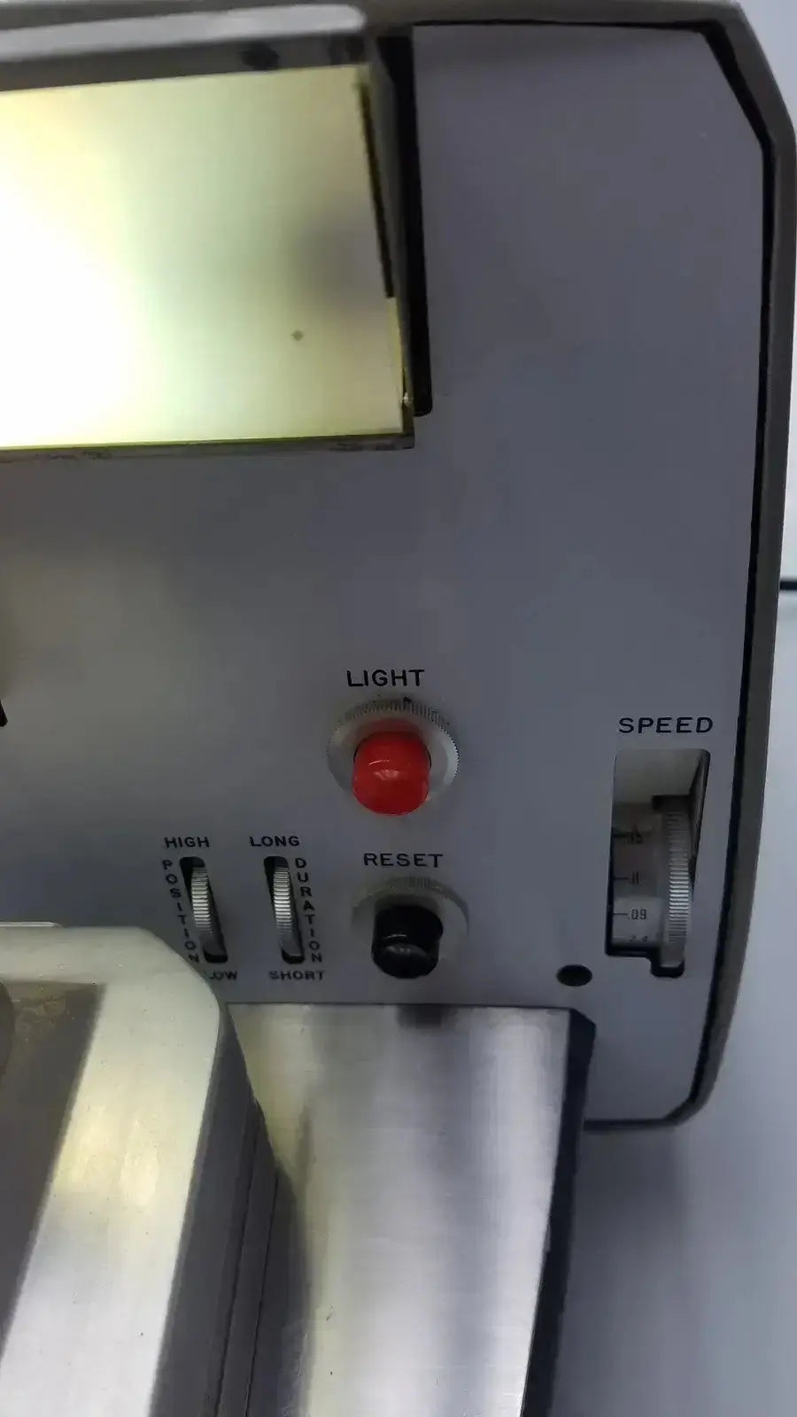 Gray metallic sorvall porter blum ultra-microtome model MT-2 film cutter with red light button and speed dial