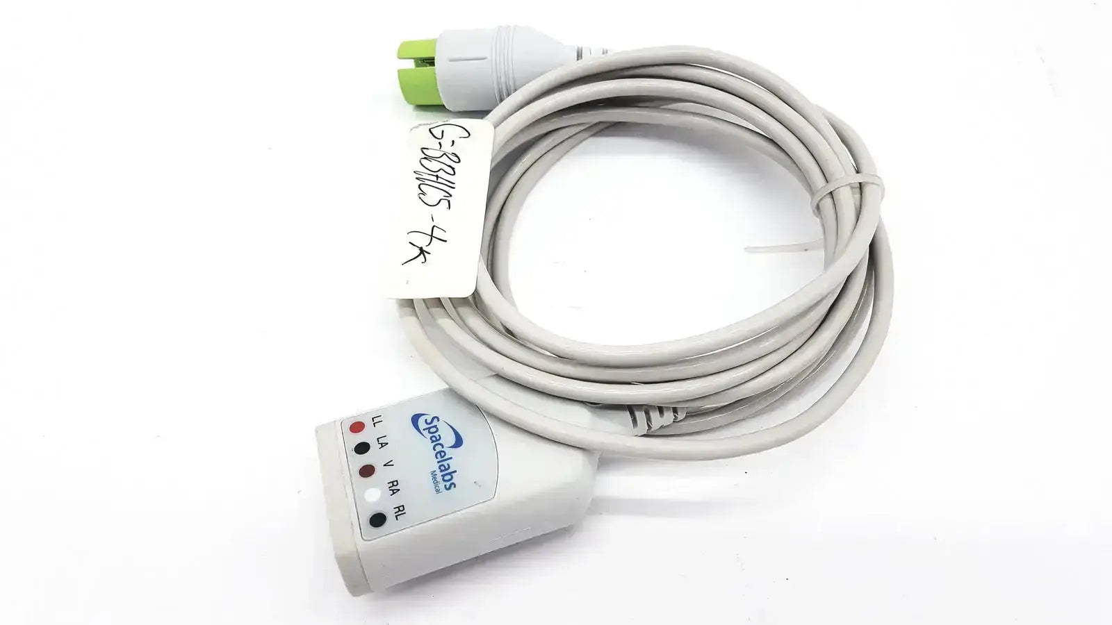 Gray coiled Spacelabs Medical 700-0008-06 medical cable with white Spectra connector and green and white plug for hospital surplus