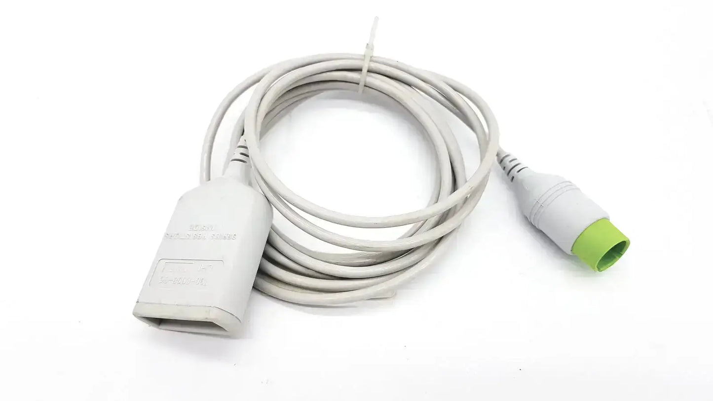 Gray spacelabs medical 700-0008-06 medical cable with green-tipped connector and rectangular gray plug for hospital surplus use