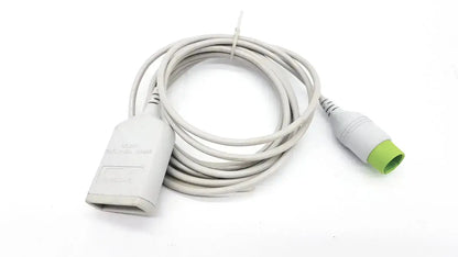 Gray spacelabs medical 700-0008-06 medical cable with green-tipped connector and rectangular gray plug for hospital surplus use