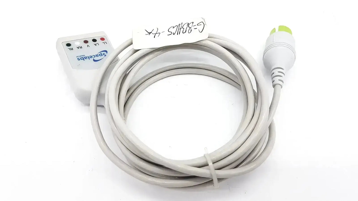 Gray coiled medical cable with white spacelabs medical monitor connector and green accent for hospital surplus use