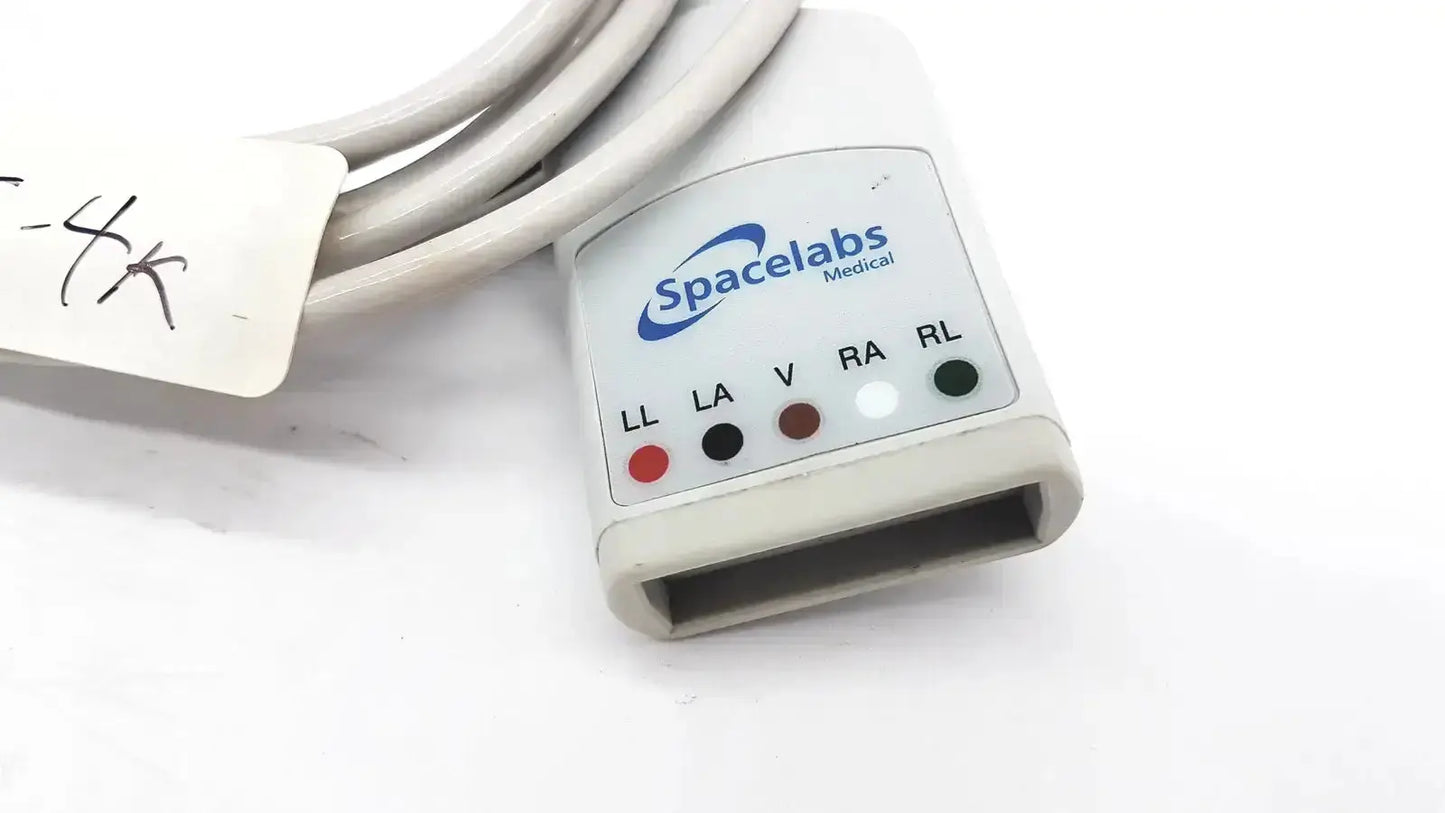 White plastic spacelabs medical 700-0008-06 medical cable with labeled electrodes and color-coded indicator lights for hospital surplus