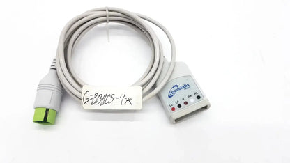 Gray spacelabs medical cable with green connector and labeled tag from spacelabs medical 700-0008-06 hospital surplus