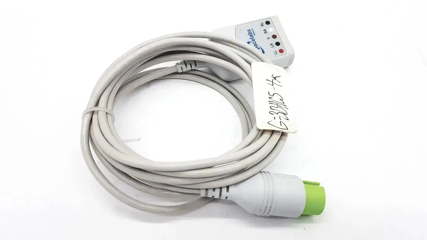 Gray spacelabs medical cable with white connector housing green plug and labeled ports for ecg monitoring hospital surplus