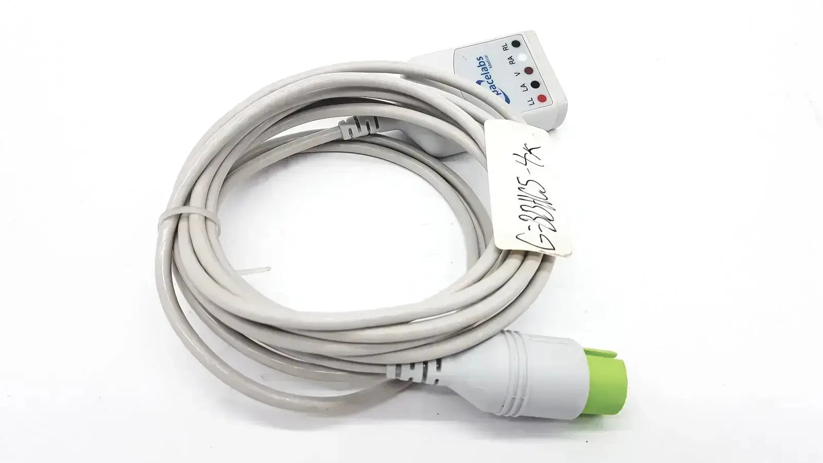 Gray spacelabs medical cable with white connector housing green plug and labeled ports for ecg monitoring hospital surplus