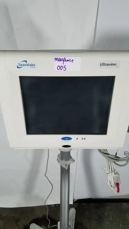 White spacelabs ultraview patient monitor with rolling stand featuring a sleek rectangular screen and control buttons medical equipment