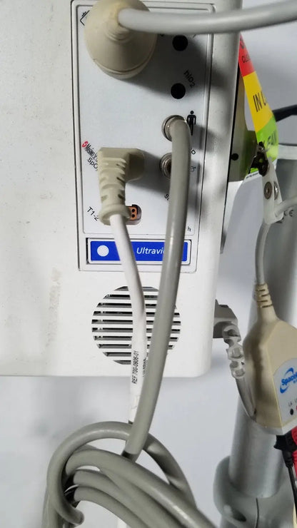 White spacelabs sl 91369 ultraview patient monitor with gray cables and rolling stand medical equipment display