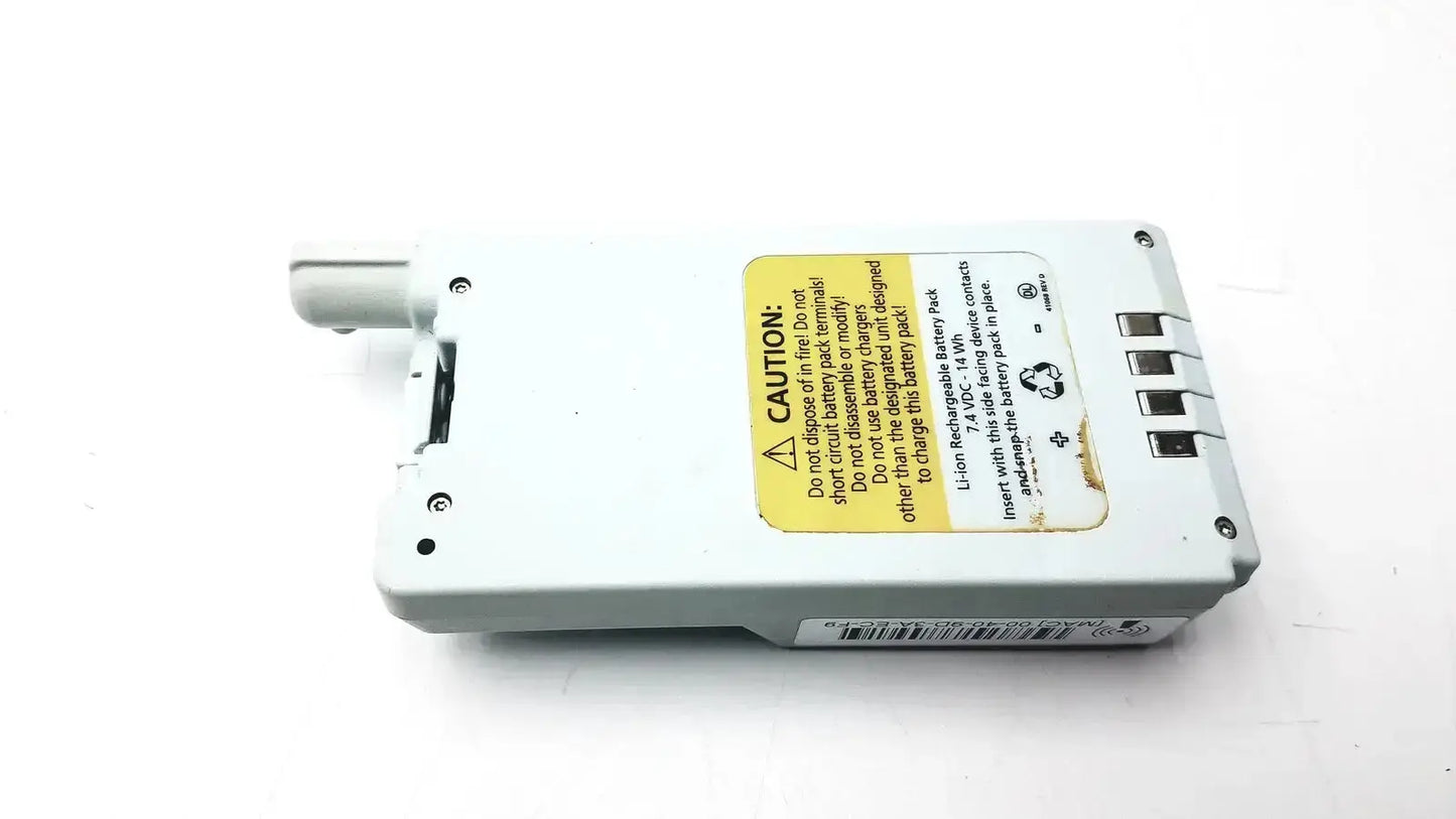 White rectangular lithium-ion rechargeable wireless battery module with yellow caution label and four ports for spectrum wireless use