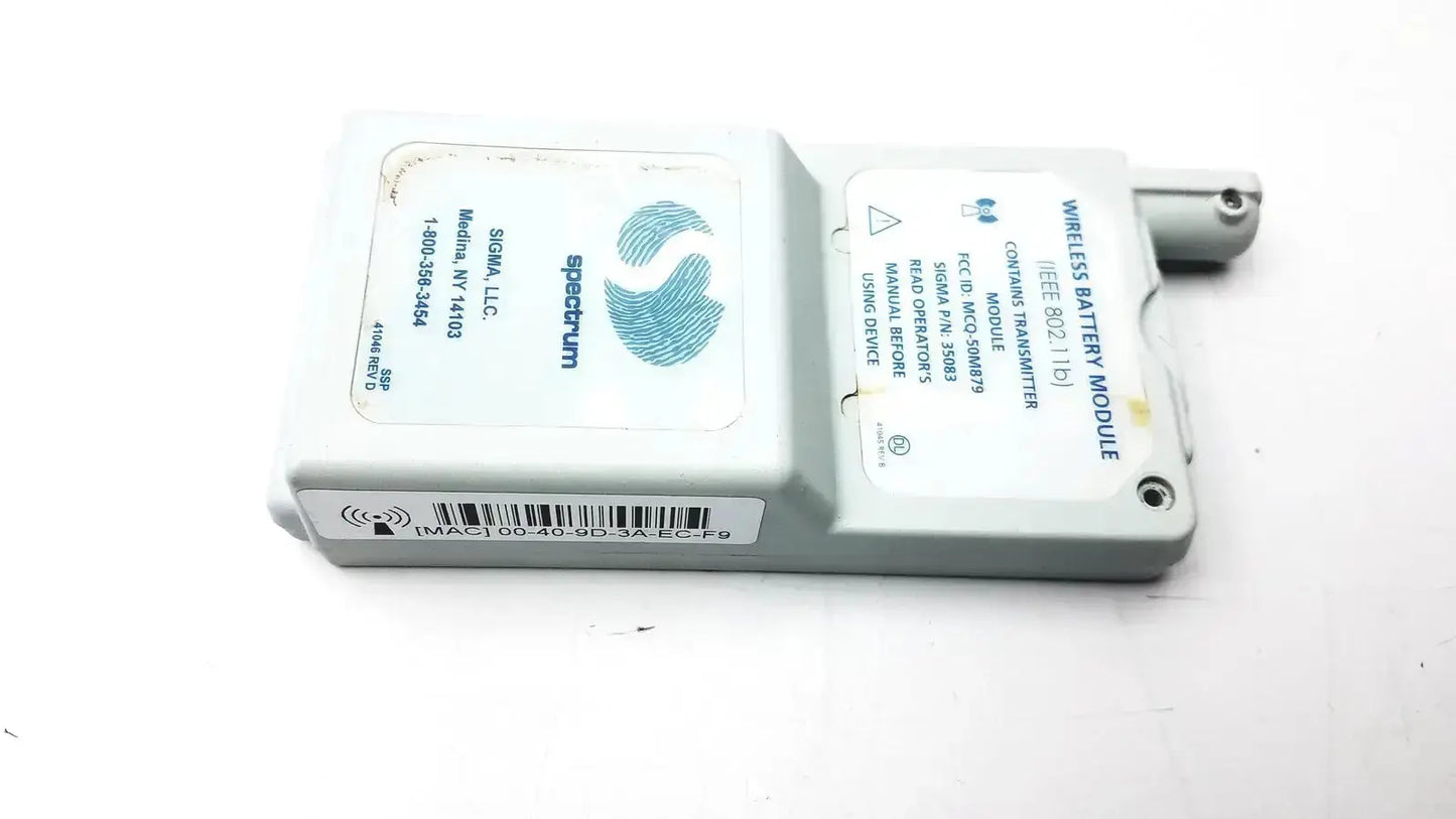 Gray plastic spectrum wireless battery module with blue fingerprint logo and white labeling for ieee 802.11b use