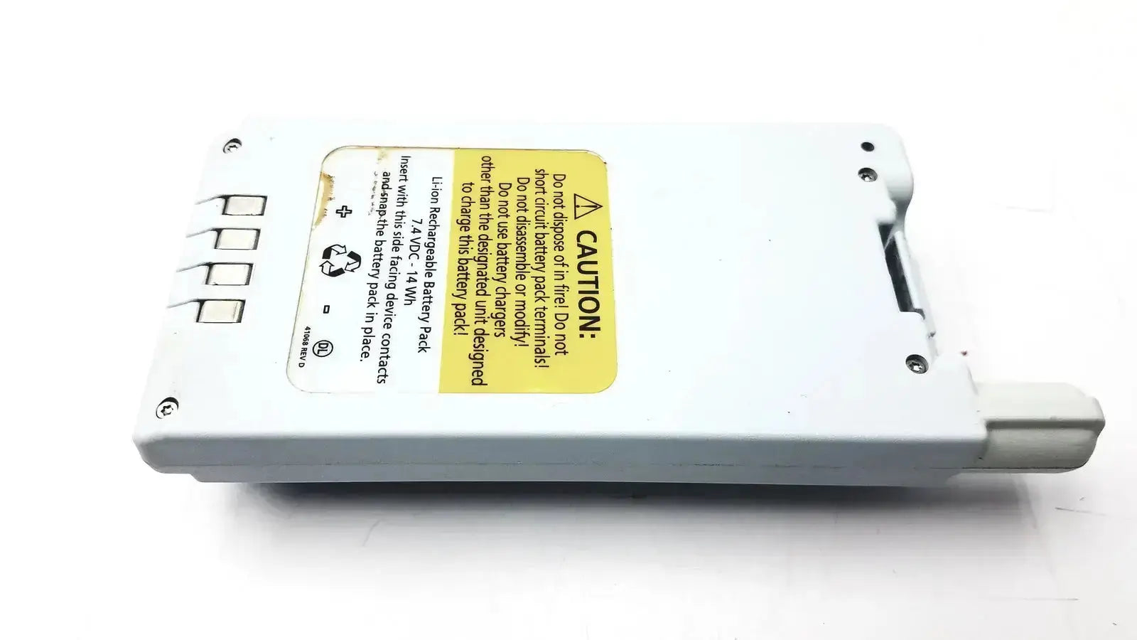 White rectangular lithium-ion wireless battery module with yellow caution label for spectrum wireless battery module ieee 802.11b