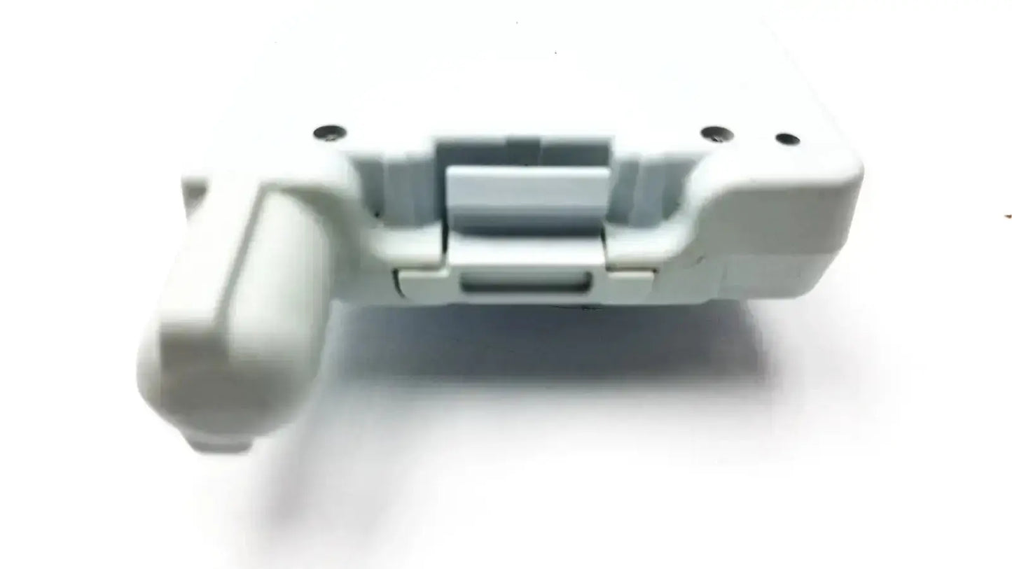 White plastic toy gun with hinged trigger and three circular indentations featured as a wireless battery module device