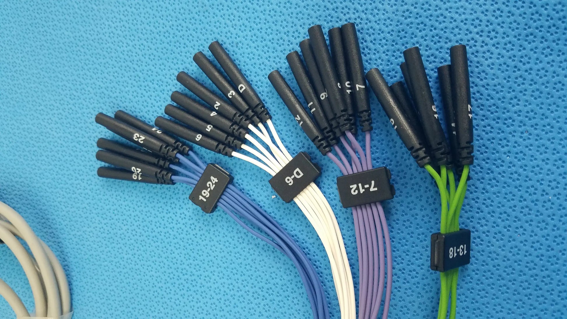 Black-capped color-coded jude medical connecting cable with labeled black plastic tags for medical equipment use