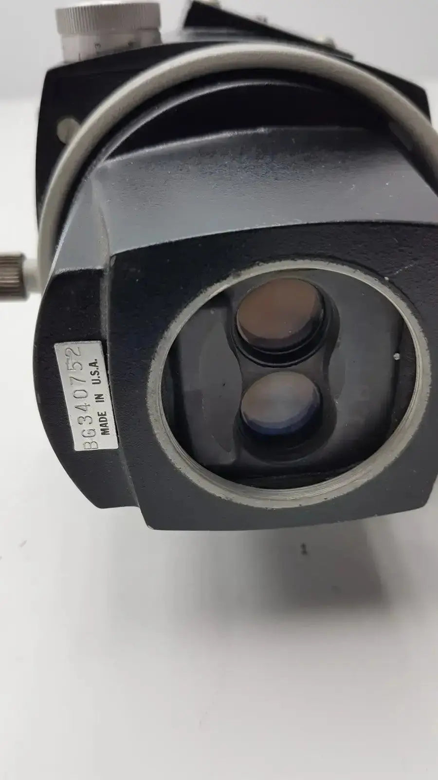 Black industrial camera housing with two circular lenses and silver ring for Reichert stereo star zoom microscope