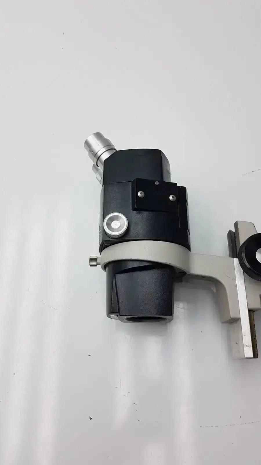 Black and silver industrial camera lens mount with metallic fittings for reichert stereo star zoom microscope use