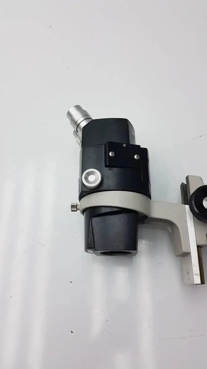 Black and silver industrial camera lens mount with metallic fittings for reichert stereo star zoom microscope use