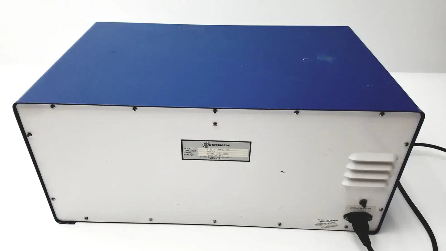 Back side of stratagene uv stratalinker 2400 uv crosslinker in blue and white used medical equipment for sale