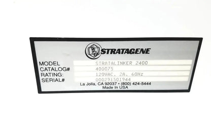 Label of stratagene uv stratalinker 2400 uv crosslinker with catalog 400075 and electrical rating 120vac 2a 60hz on white background
