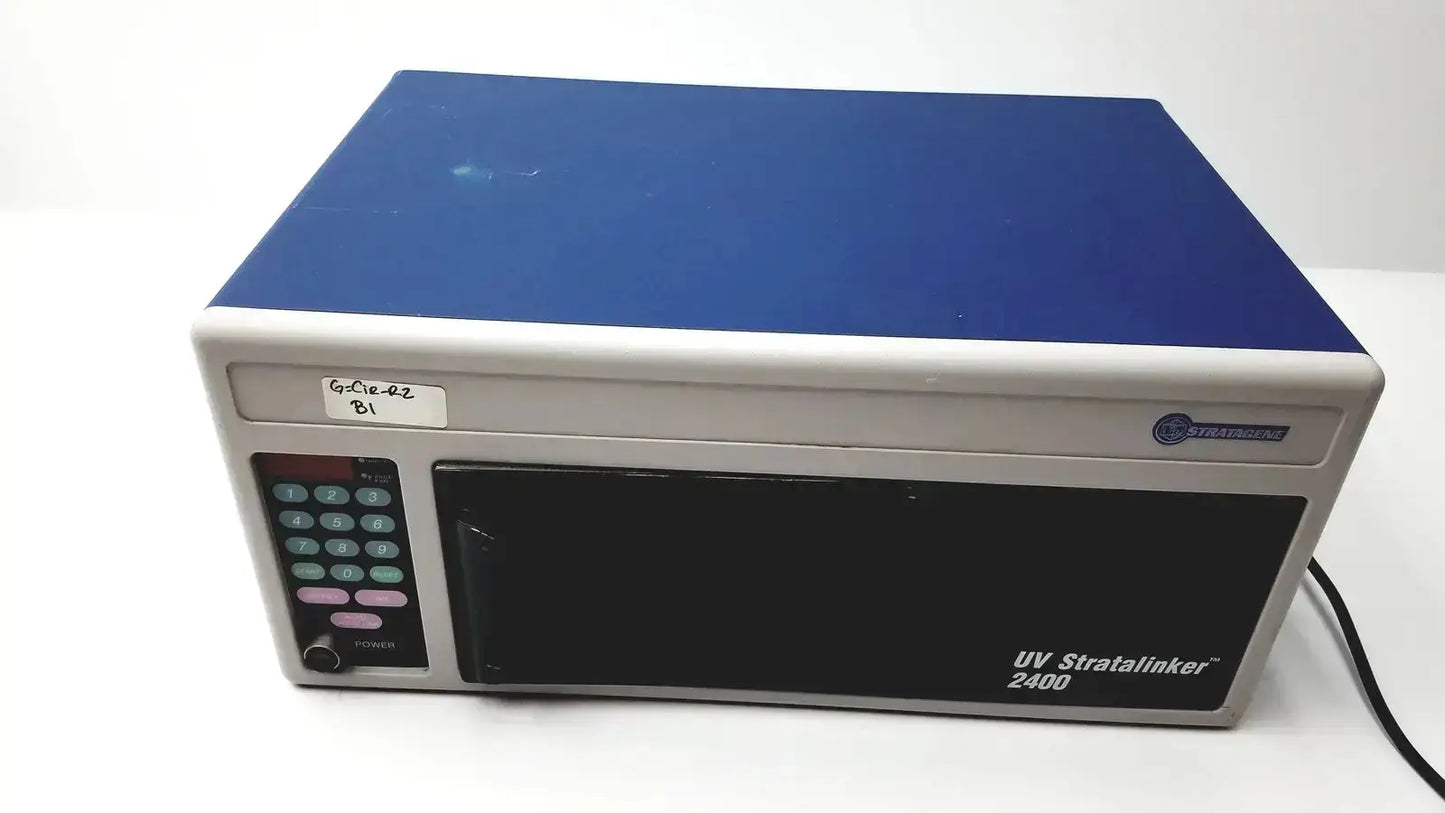 Stratagene UV stratalinker 2400 UV crosslinker in silver and blue with keypad and black front panel pre owned medical equipment
