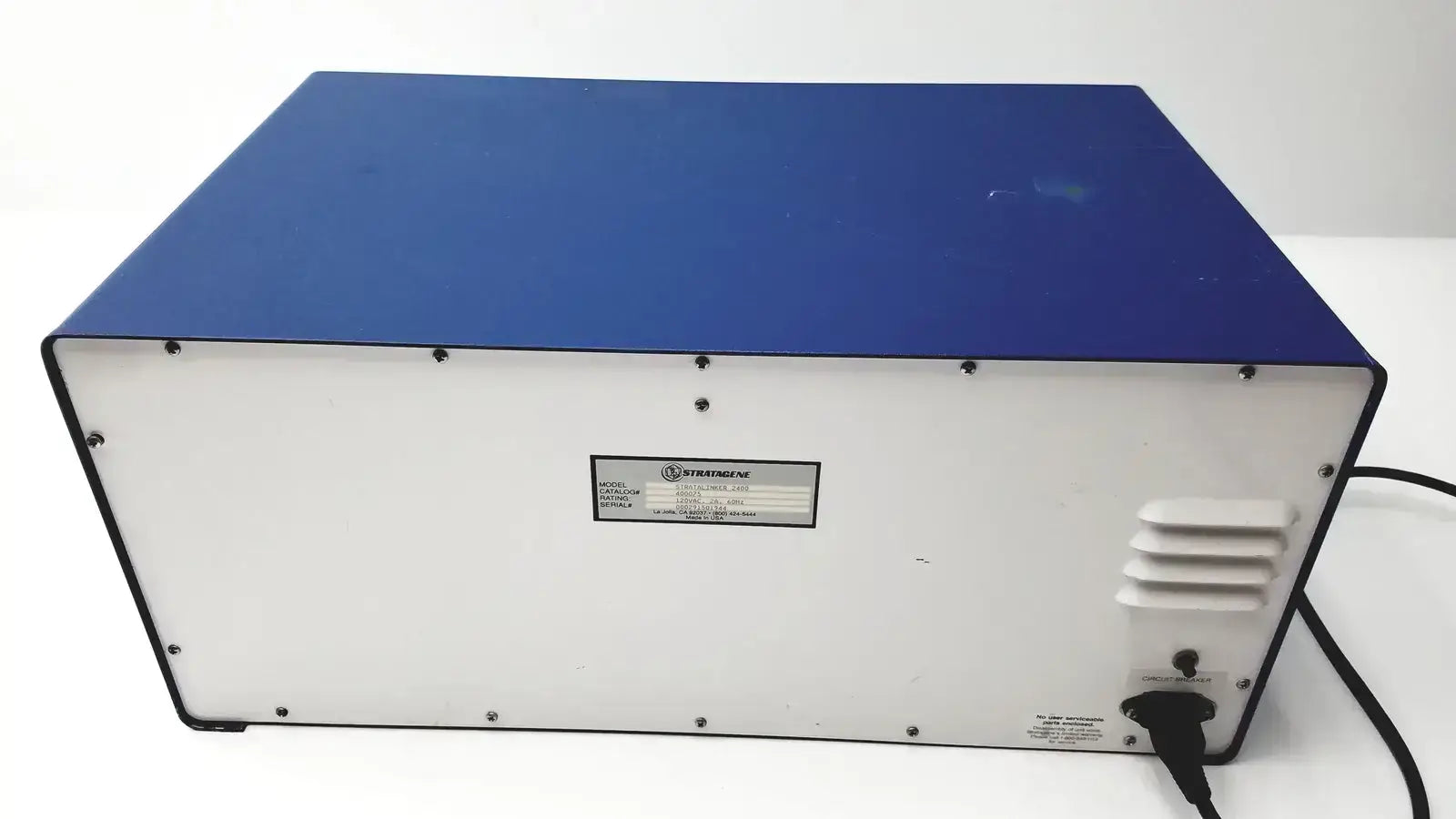 Back side of stratagene uv stratalinker 2400 uv crosslinker in blue and white used medical equipment for sale